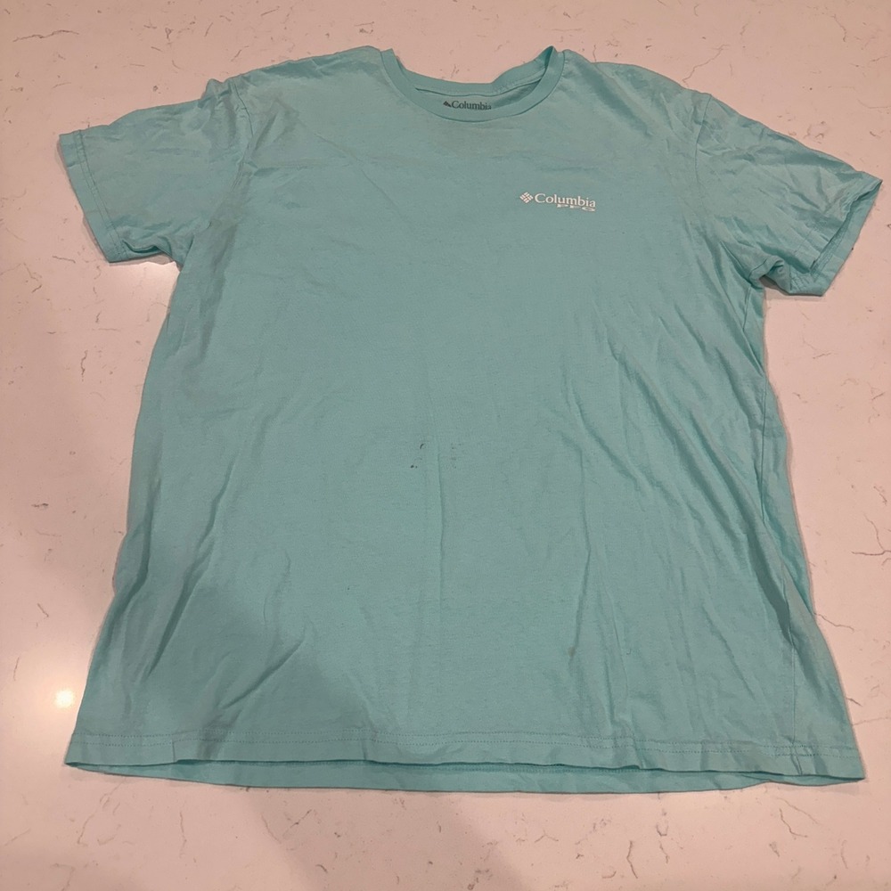 Columbia PFG Mens XL Aqua Blue Cotton Short Sleeve Fishing Graphic T-Shirt